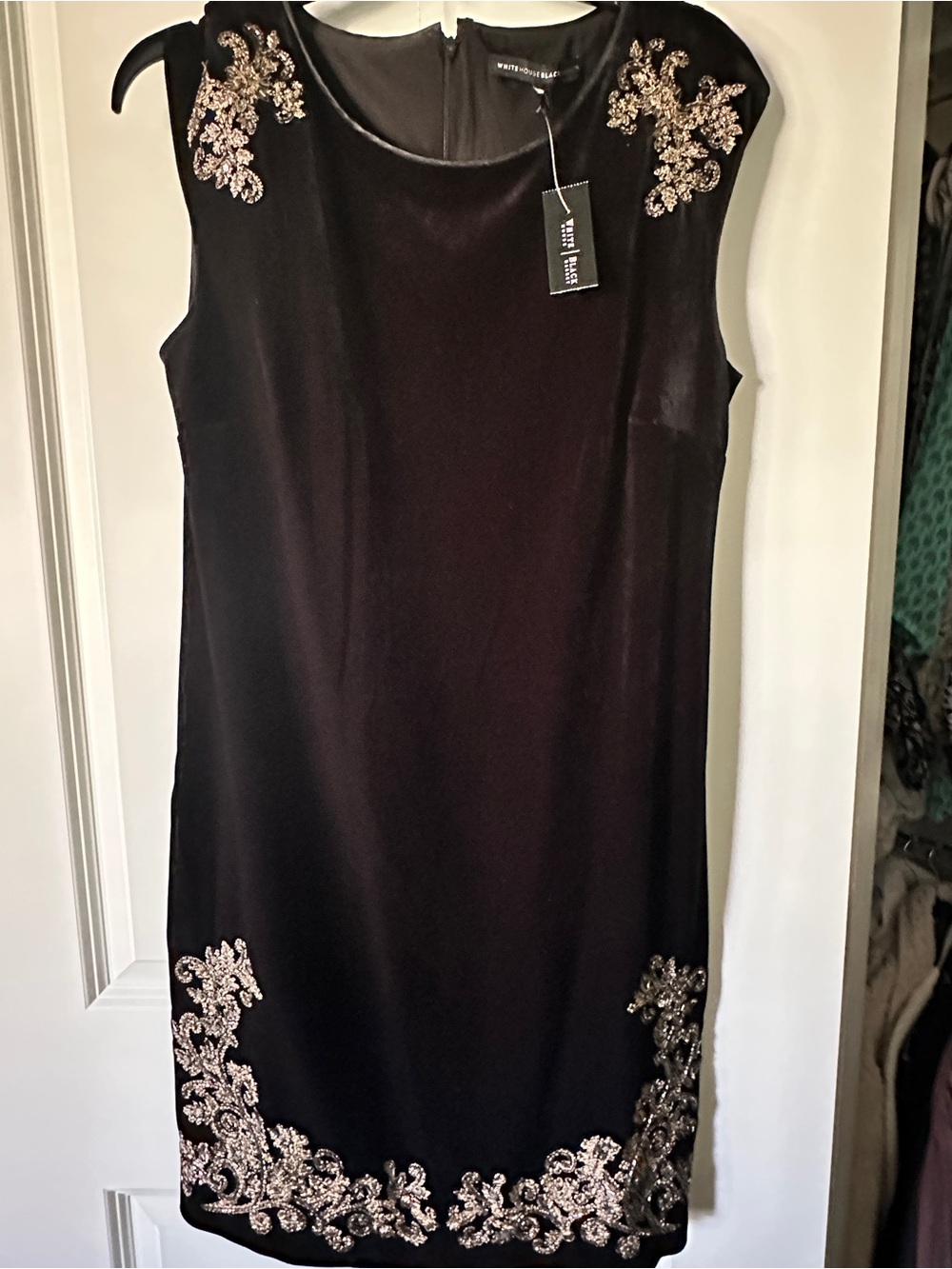 White House Black Market Black Velvet Sheath Dress with Gold Embroidered Accents
